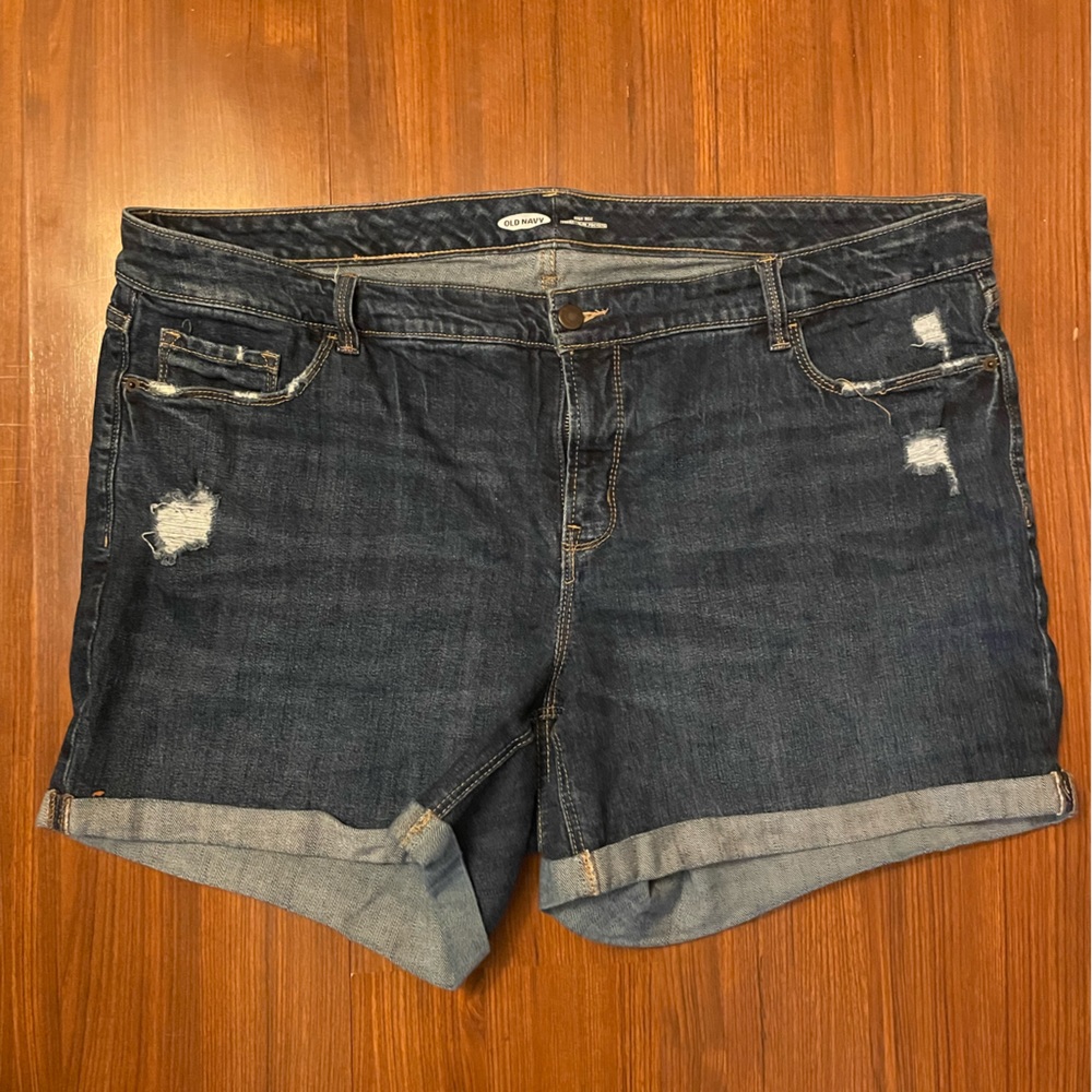Distressed high rise cuffed denim shorts